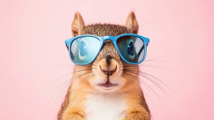 Squirrel in trendy sunglasses posing by a bright pink background, exuding a playful and cheerful vibe