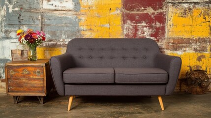 Studio Shot of Two Seater Sofa Against a Textured Wall with a Bouquet and Antique Cabinet