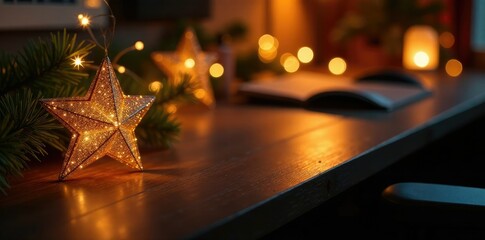 Richly decorated desk in a dark environment with golden festive lights and sparkling stars, desk, decorated, dark