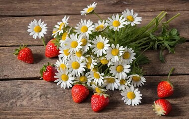 A wooden table with a bouquet of chamomiles and strawberries on top
