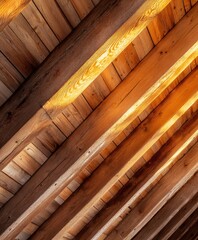 The wooden beams of the roof of an old barn in the golden light. 