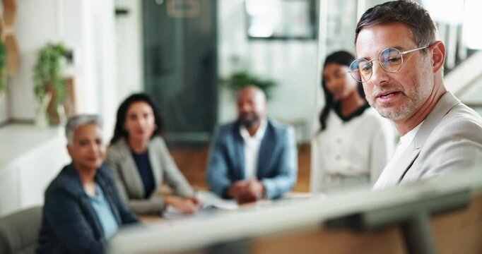 Business man, team and presentation on whiteboard for training, coaching and smile. Group, presenter and speaker in office with project proposal, corporate funding and ai investment pitch for equity