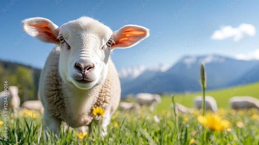 Poster close up of a happy sheep in a serene green meadow surrounded by flowers and majestic mountains in t