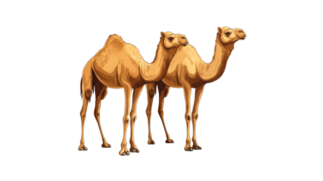 Camels standing together in a desert landscape