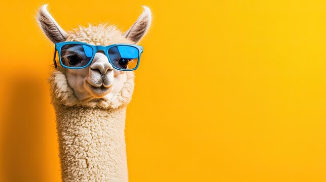 A playful alpaca adorned with sunglasses shines in front of a lively yellow backdrop at a quirky pet event
