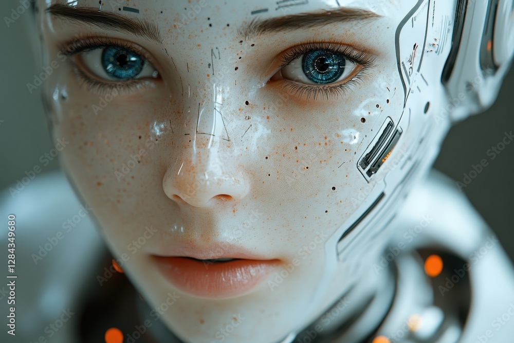 Poster realistic humanoid robot with intricate design and expressive eyes in a futuristic setting