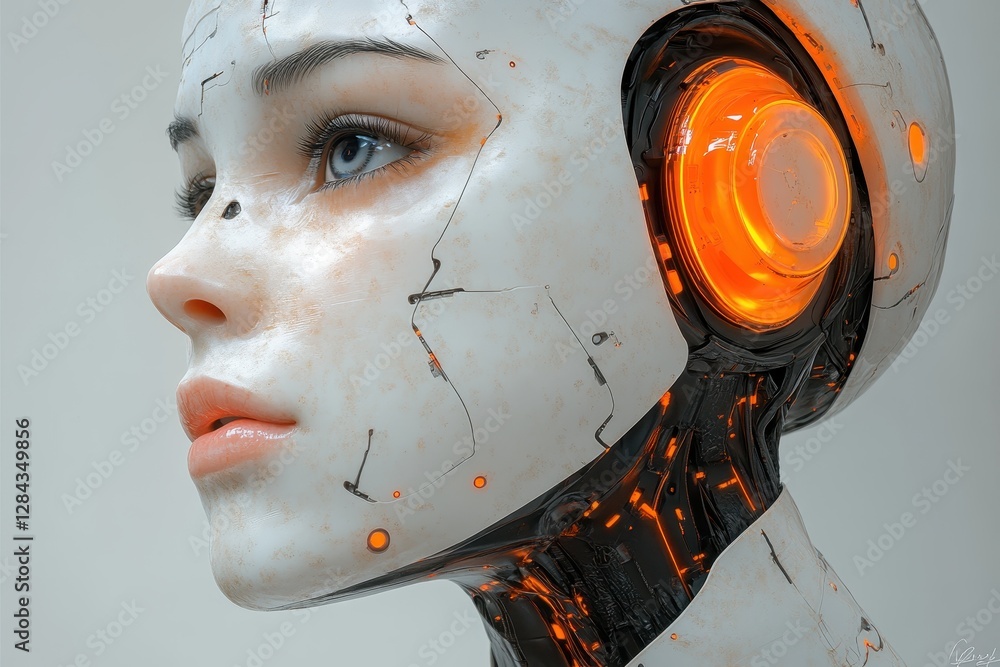 Poster futuristic humanoid robot with glowing features and intricate design showcases advanced technology a