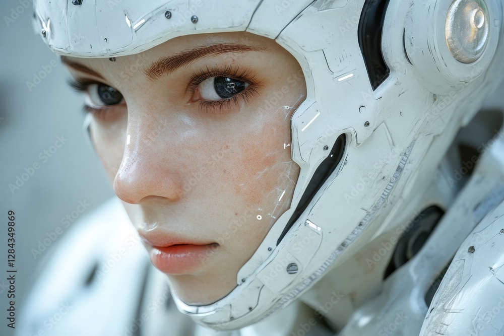 Poster futuristic humanoid robot with intricate design showcasing detailed facial features and helmet in ur