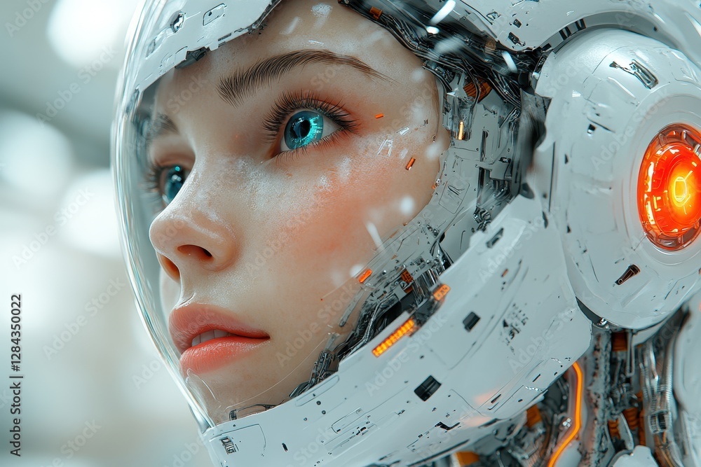 Poster futuristic humanoid robot with intricate details and glowing features engages in advanced technology