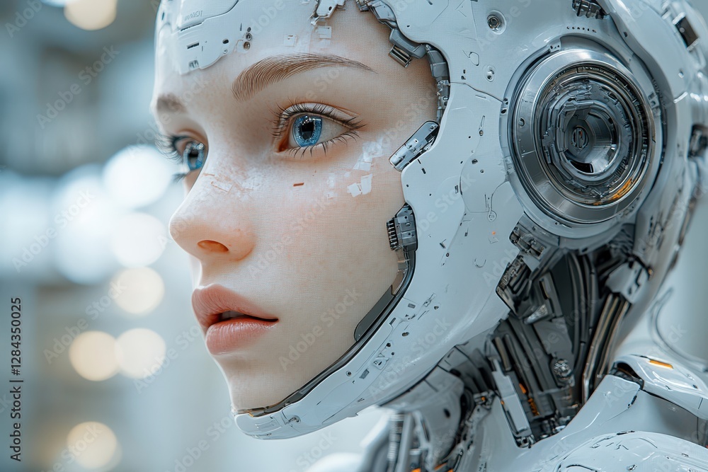 Poster close-up view of a futuristic android with intricate features and glowing elements highlighting adva