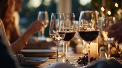 Moderate drinking during an elegant dinner party in a luxurious home. Featuring sophistication and togetherness
