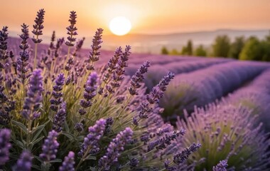 Obraz premium A close-up of purple lavender flowers with a sunset in the background