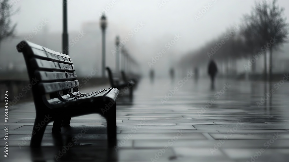 Poster deserted park bench in a foggy setting creating a mysterious atmosphere in a quiet urban environment