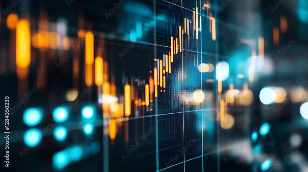 Poster Dynamic stock market graph with glowing data points and rising trends on a digital screen : Generative AI