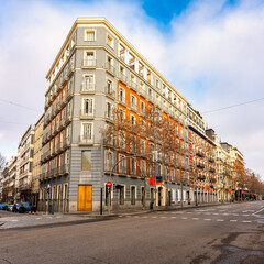 Neoclassical buildings on Calle Serrano in a luxury shopping area and offices of multinational...