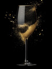 Golden champagne flute with sparkling dust elegant event dark background copy space