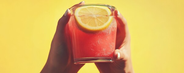 Hands holding refreshing glass of lemonade against bright yellow background