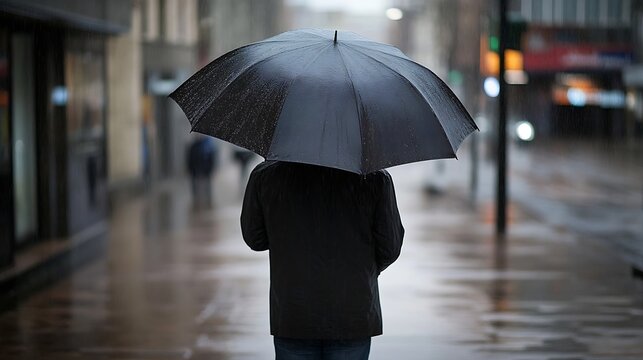 Person walking in the city holding a black umbrella on a rainy day showing urban life and weather : Generative AI