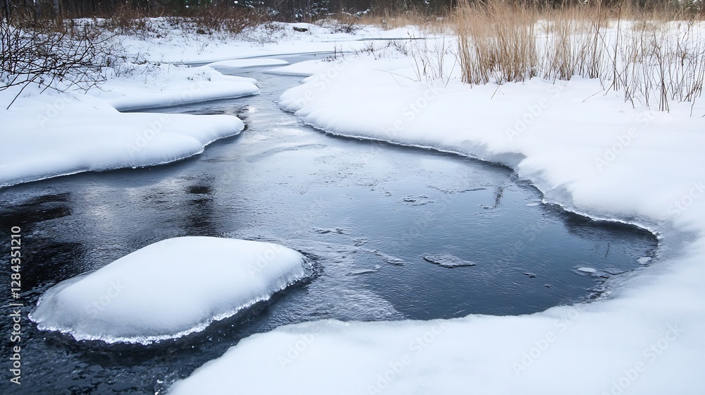 Poster tranquil winter scene featuring a partially frozen stream winding through the snow covered landscape