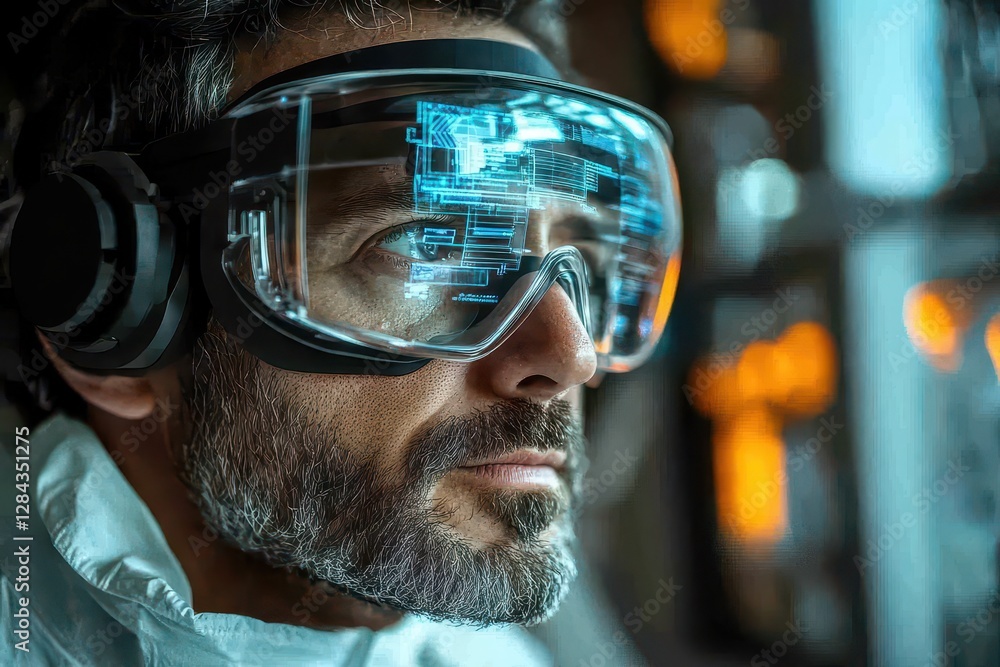 Poster innovative engineer using advanced goggles to explore virtual reality in a futuristic control room a