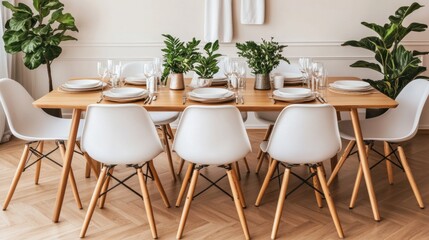 Wood Dining Table Surrounded by White Chairs with Houseplants in Bright Modern Dining Room