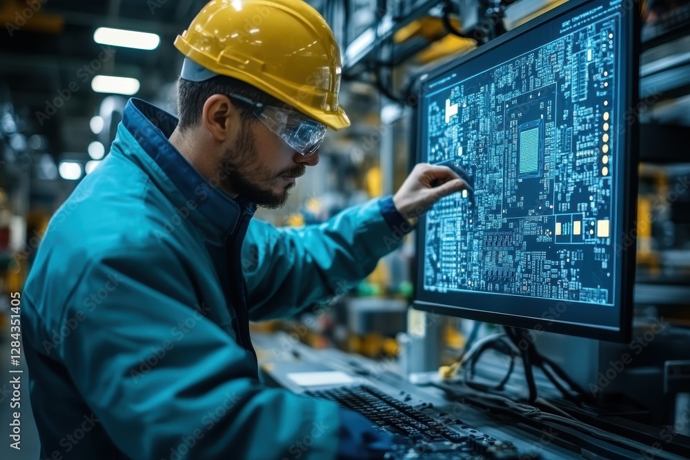 Poster engineer analyzes circuit board design in high-tech factory during evening shift
