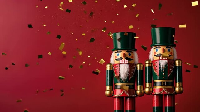 Two traditional nutcrackers stand against a vibrant red background with golden confetti, symbolizing Christmas and New Year festivities in a festive setting.