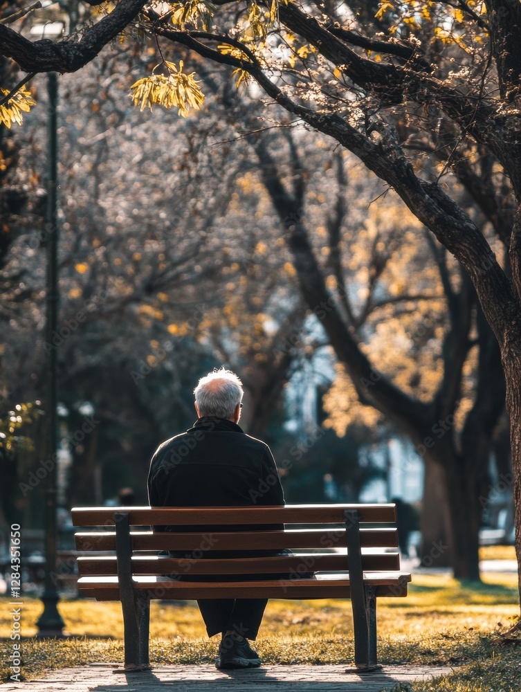 Aufkleber Elderly man sitting alone on a bench in a park surrounded by autumn trees during late afternoon sunlight. Generative AI