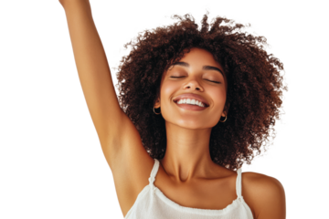 Joyful woman expressing happiness with raised arm