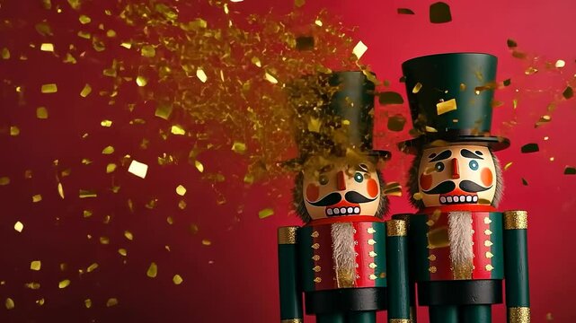Two traditional nutcrackers stand against a vibrant red background with golden confetti, symbolizing Christmas and New Year festivities in a festive setting.