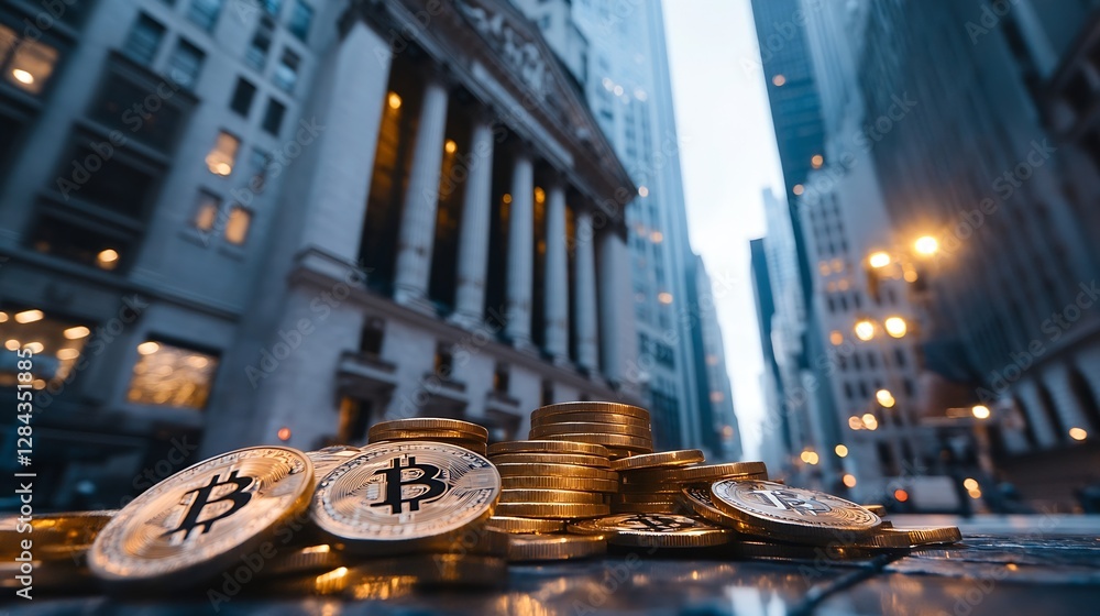 Poster stack of shiny gold bitcoin coins on a city street with skyscrapers in the background reflecting mor