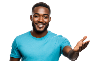 Smiling man inviting with open hand gesture