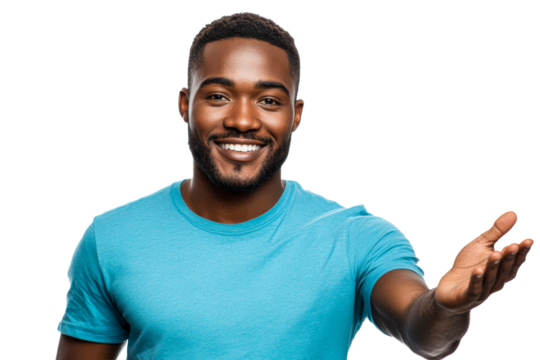 Smiling man inviting with open hand gesture