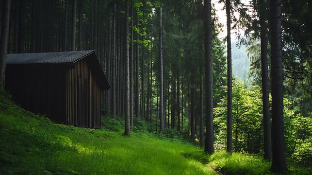 Serene forest landscape featuring a small house surrounded by tall trees and greenery : Generative AI - Powered by Adobe