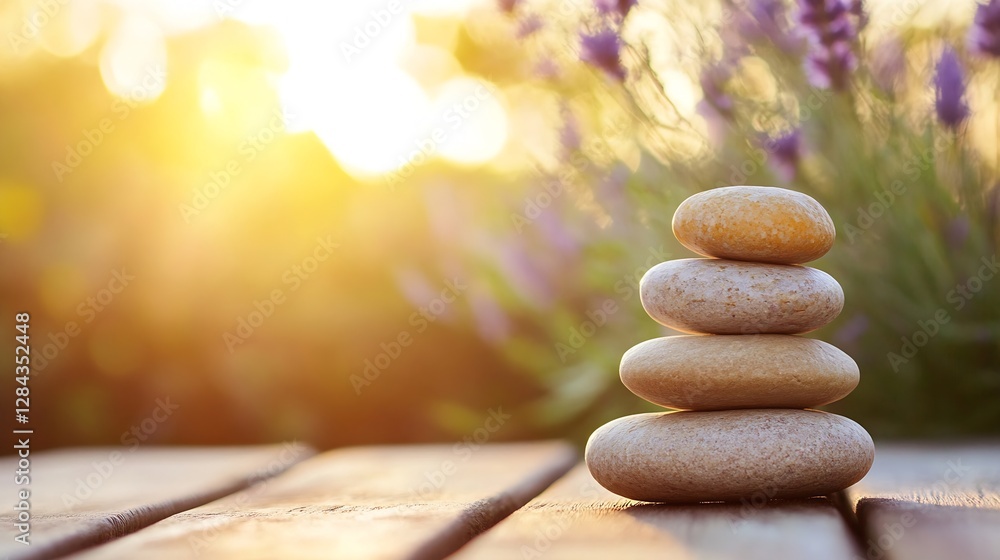 Poster stack of smooth stones with lavender in a peaceful outdoor setting at sunset : generative ai