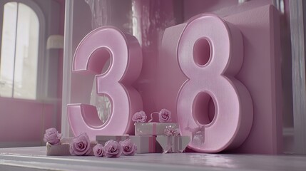 Pink Numerical Models of '3.8' with Pink Roses and Gift Boxes Beside, Ideal for Women's Day - related Decorations.