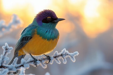 Colorful bird perched on a frosted branch at sunrise showcasing vibrant plumage in a winter landscape
