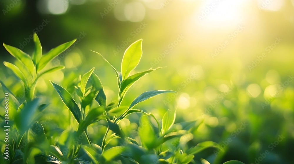 Poster Close up of fresh green leaves illuminated by sunlight in a serene natural setting : Generative AI