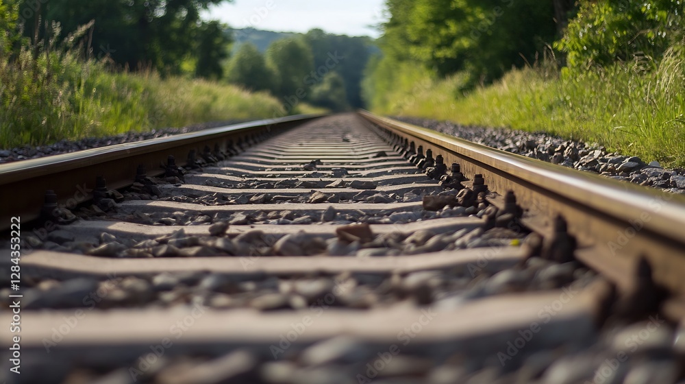 Poster Perspective View of Rails Stretching into the Distance Surrounded by Lush Greenery and Scenic Nature : Generative AI