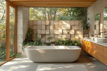 Fototapeta premium Modern bathroom design features a natural stone bathtub and lush greenery in a serene setting