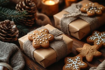 Holiday season gift wrapping with gingerbread cookies and natural decorations on a wooden table