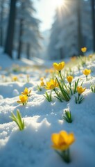 Obraz premium Snowy landscape with emerging yellow-green shoots, snowy, green, flowers