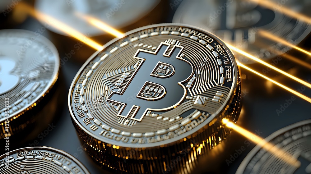 Poster silver and gold cryptocurrency coins with digital circuit lines on dark background, macro view of di