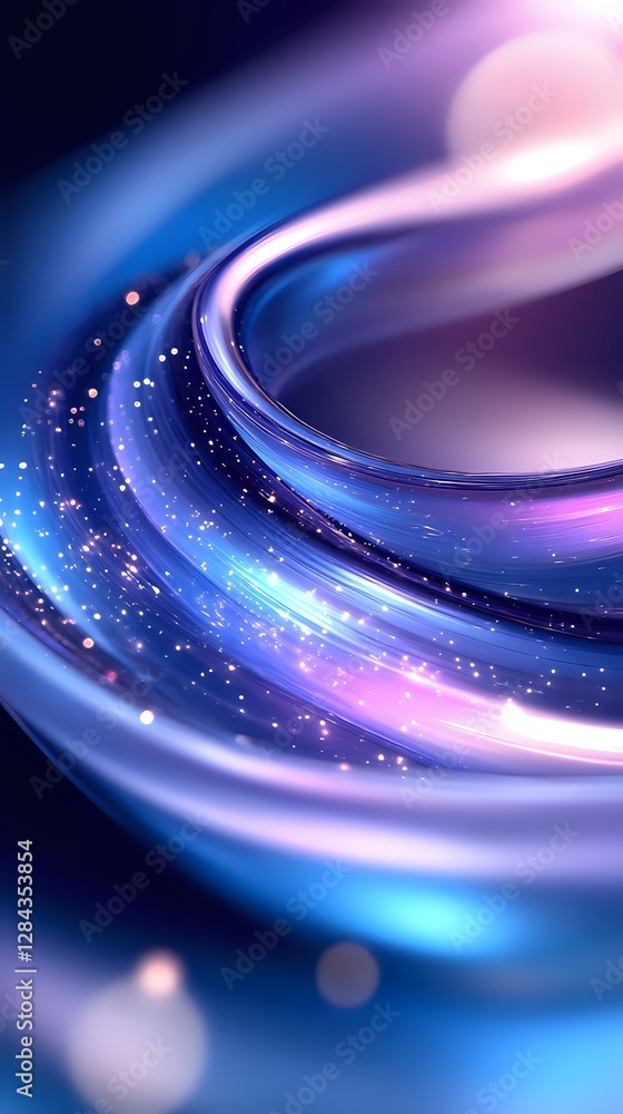 Poster swirling cosmic energy in blue and purple hues with glowing particles creating dynamic motion effect