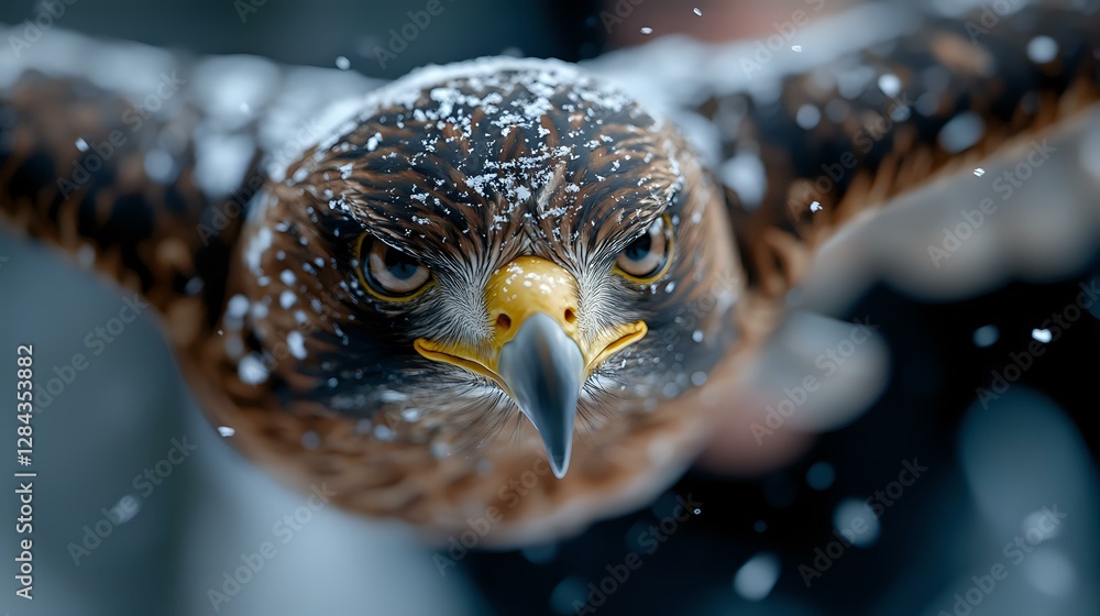 Poster majestic eagle close-up portrait in snowfall showing intense gaze and sharp beak. dramatic wildlife 