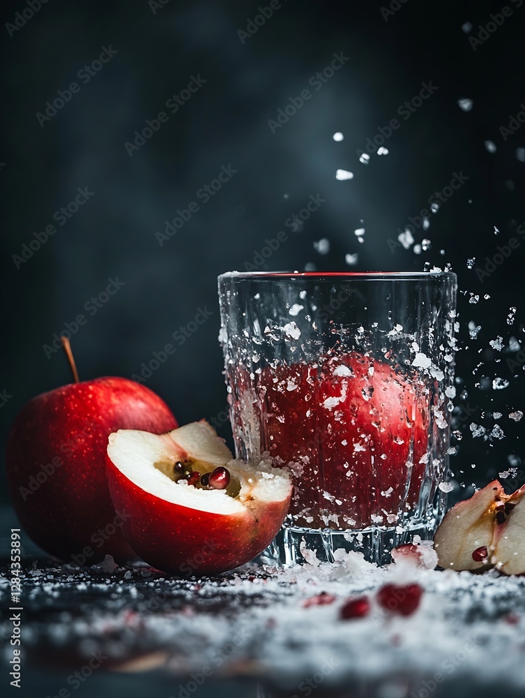 Poster Dynamic and artistic composition featuring red apples splashed with ice in a glass against dark background : Generative AI