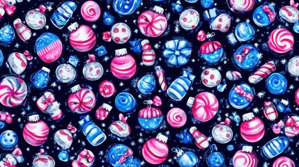 Vibrant Pink and Blue Christmas Ornaments Seamless Pattern on a Black Background
