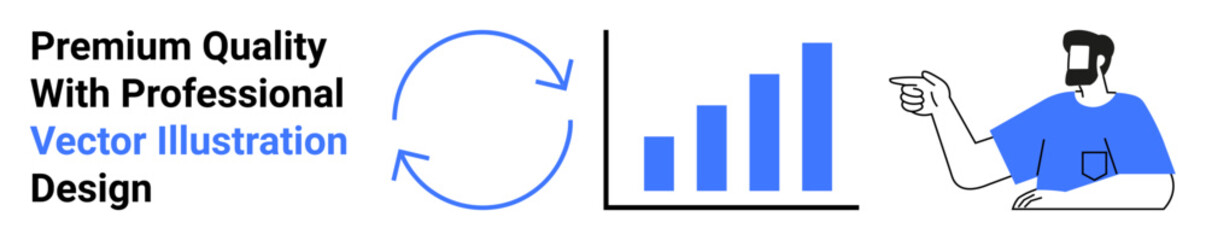 Bar chart displaying upward growth, circular process diagram, and person pointing conceptually towards progress. Ideal for business, statistics, data analysis, marketing, strategy, innovation flat