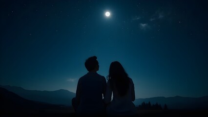 Silhouette of a young couple staring at the starry night sky.