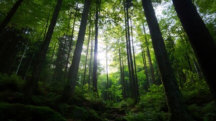 Obraz premium Sunlight Filtering Through Tall Trees in a Lush Green Forest During Daytime : Generative AI